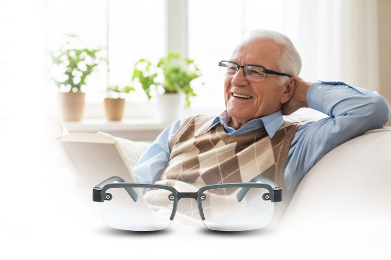 Older man using reading glasses at home